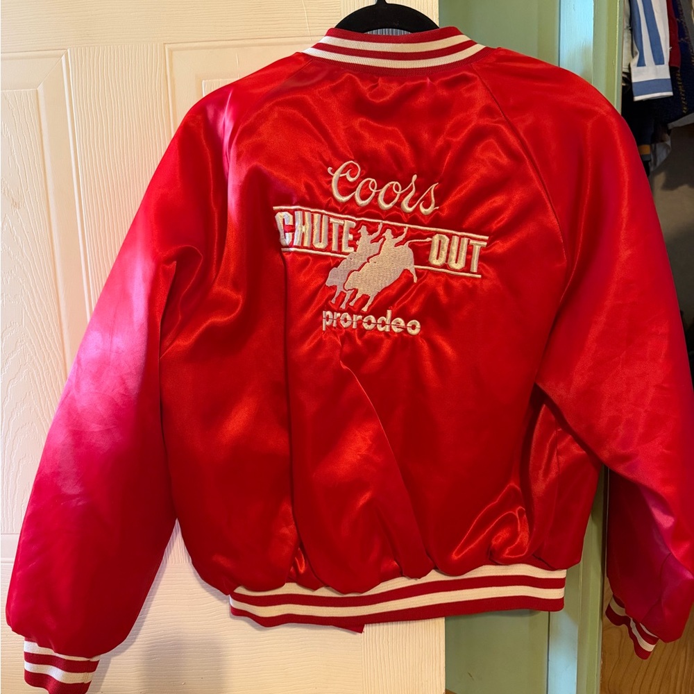 Coors Red Vintage Satin Chute Out Pro Rodeo Bomber Jacket - Picture 2 of 3